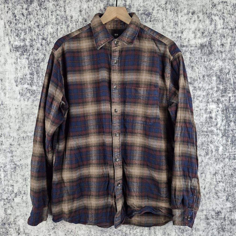 Uniqlo Uni Qlo Mens Size L Brown Plaid Flannel Shirt Long Sleeve Cotton